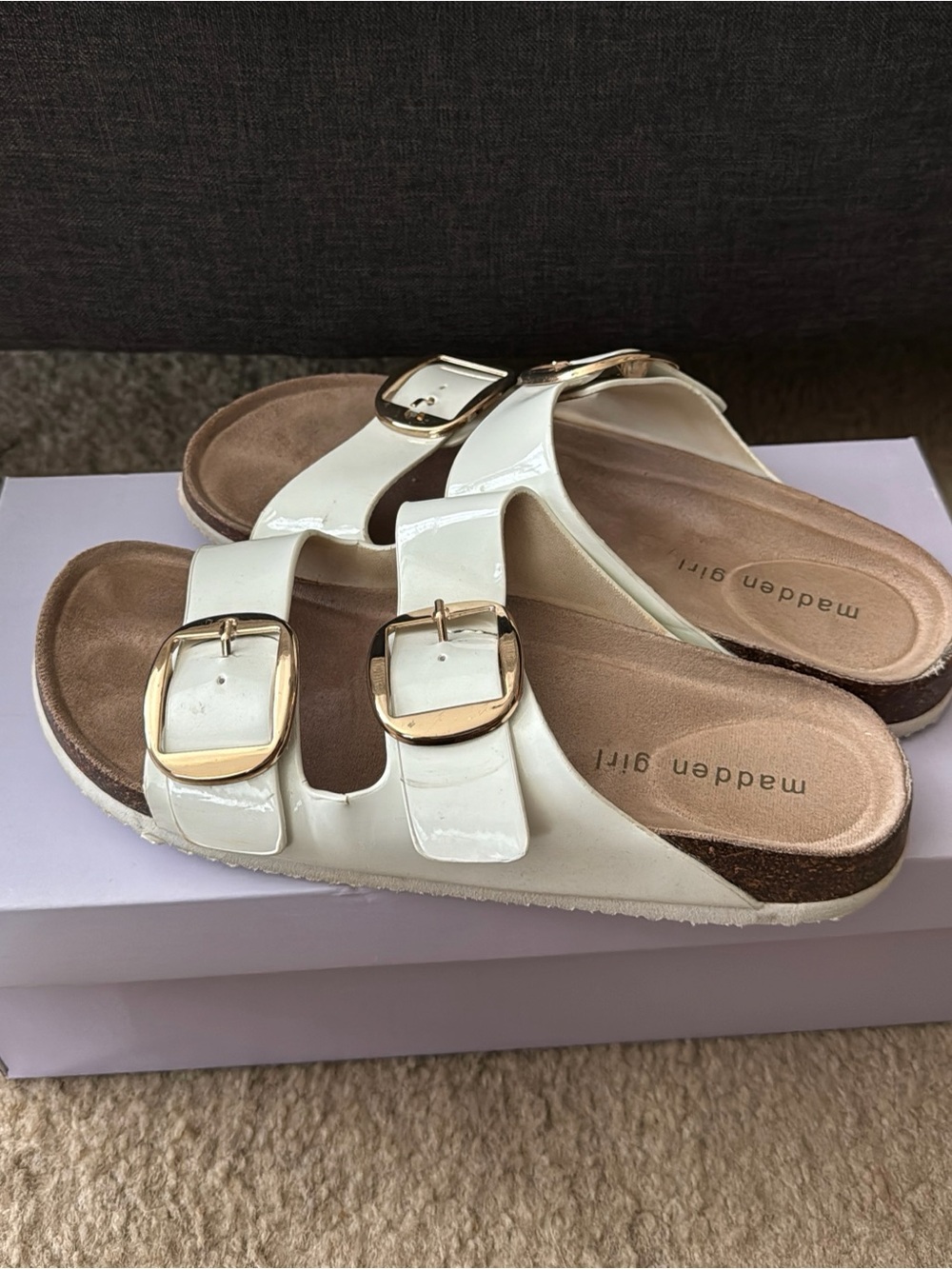Madden Girl White Patent Double Buckle Slide Sandals with Gold Hardware